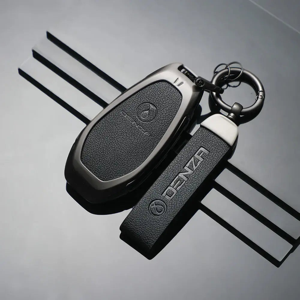 Denza car key fob with leather keychain, sleek black and silver design for EV accessories
