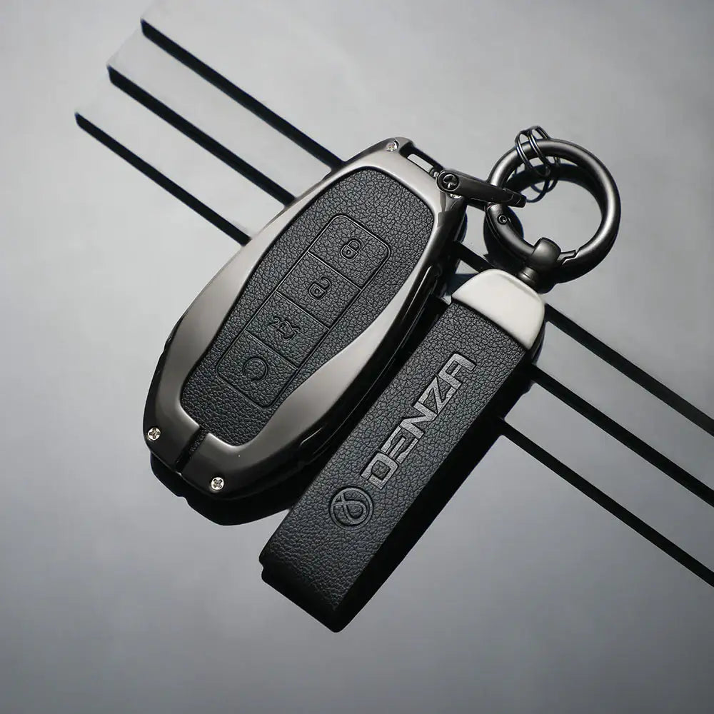 DENZA car key fob with leather keychain, sleek black design for EV accessories