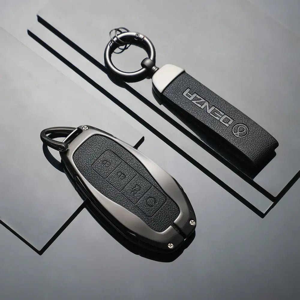 DENZA car key fob with leather keychain, sleek black design for EV accessories