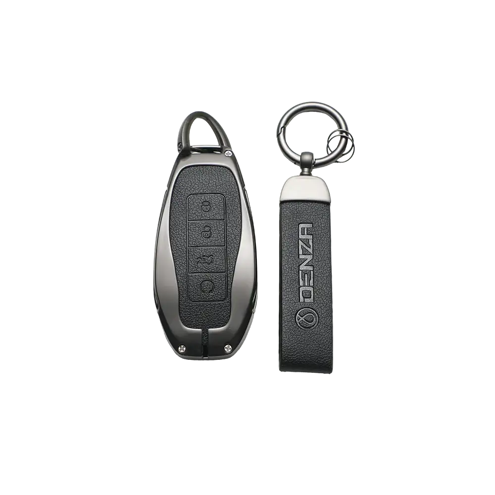 DENZA car key fob with leather keychain, sleek black design for electric vehicles