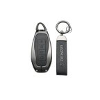 DENZA car key fob with leather keychain, sleek black design for electric vehicles