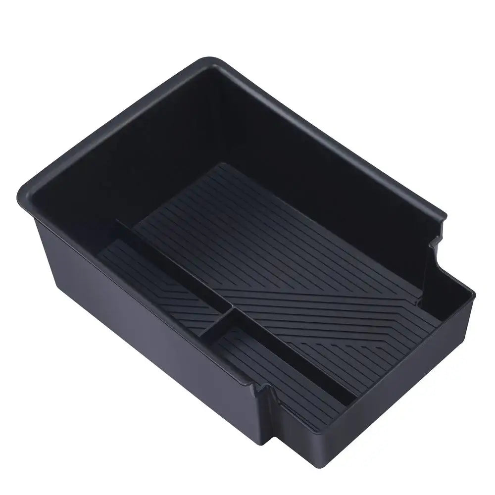 Black car center console organizer tray with ribbed compartments for EV storage