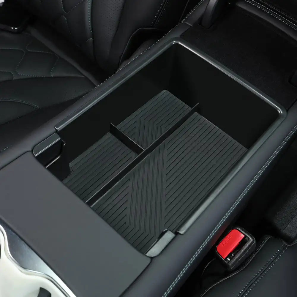 Black car center console organizer with textured dividers, fits EV interior