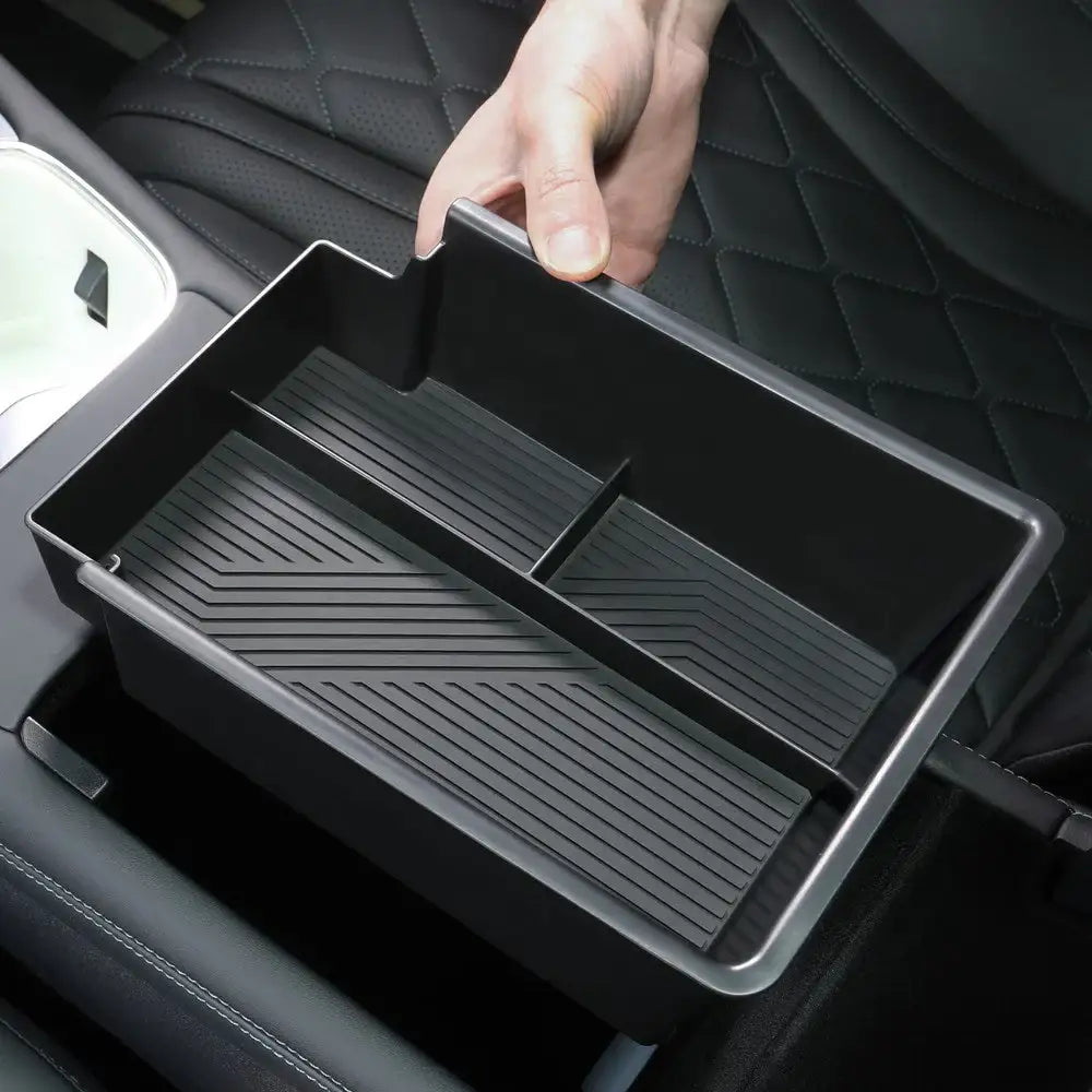 Black car center console organizer with divided compartments for EV storage
