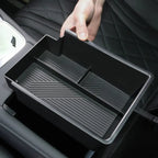 Black car center console organizer with divided compartments for EV storage
