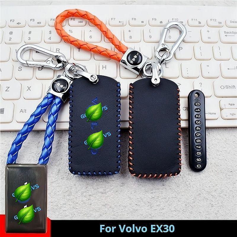 Genuine Leather Bluetooth Key Case with Anti-Drop Plate for Volvo EX30 Key Fob