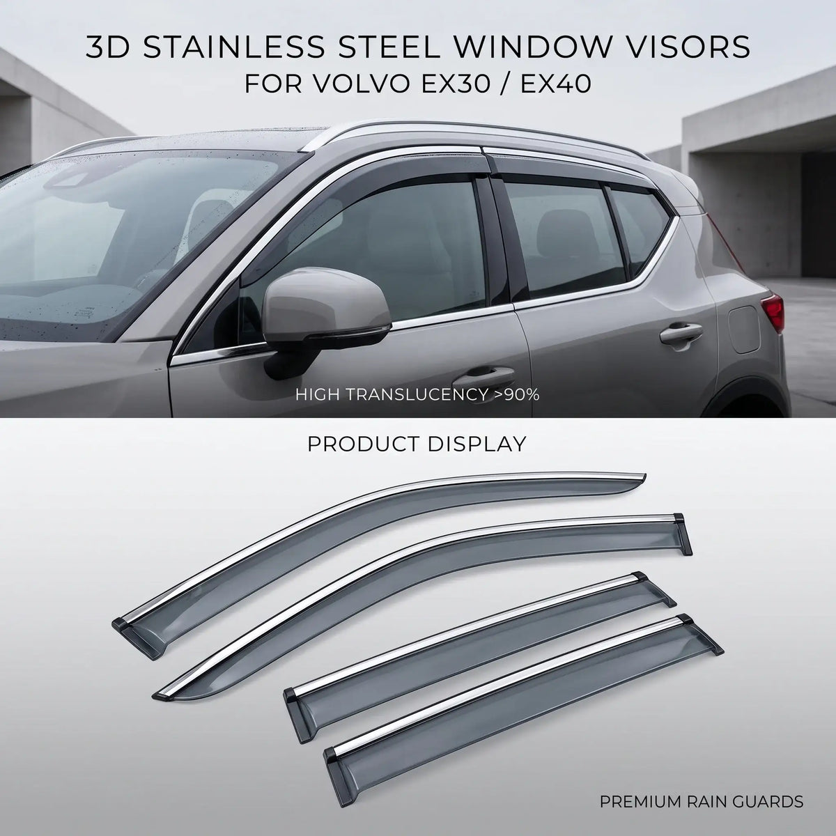 3D Stainless Steel Window Visors for Volvo EX30 EX40 - High Translucency Over 90% Rain Guards | carblaze 1