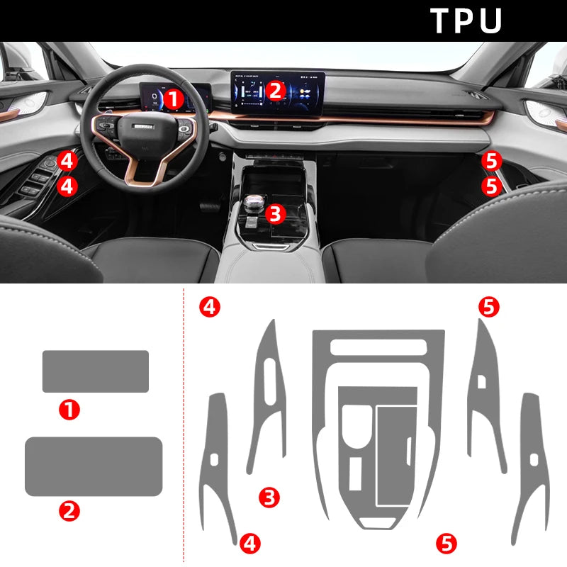 TPU Protective Film for Haval H6 3rd Generation Interior -Center Console, Gear Panel, Navigation, Dashboard, Door & Window Sticker Kit