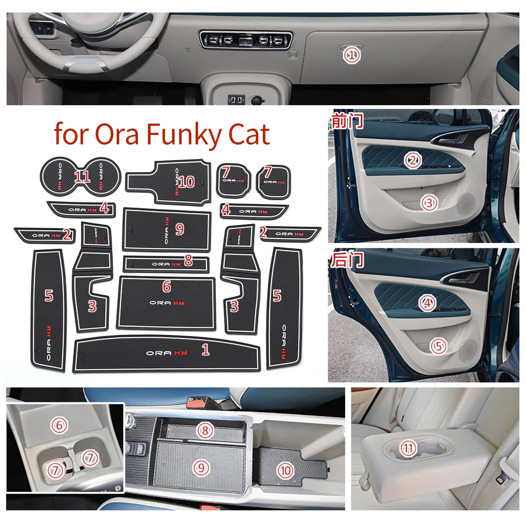 Ora Funky Cat 16-Piece Anti-Slip Gate Slot Mat Set Non-Slip Door Groove Pad Cup Holder Interior Accessories Rubber